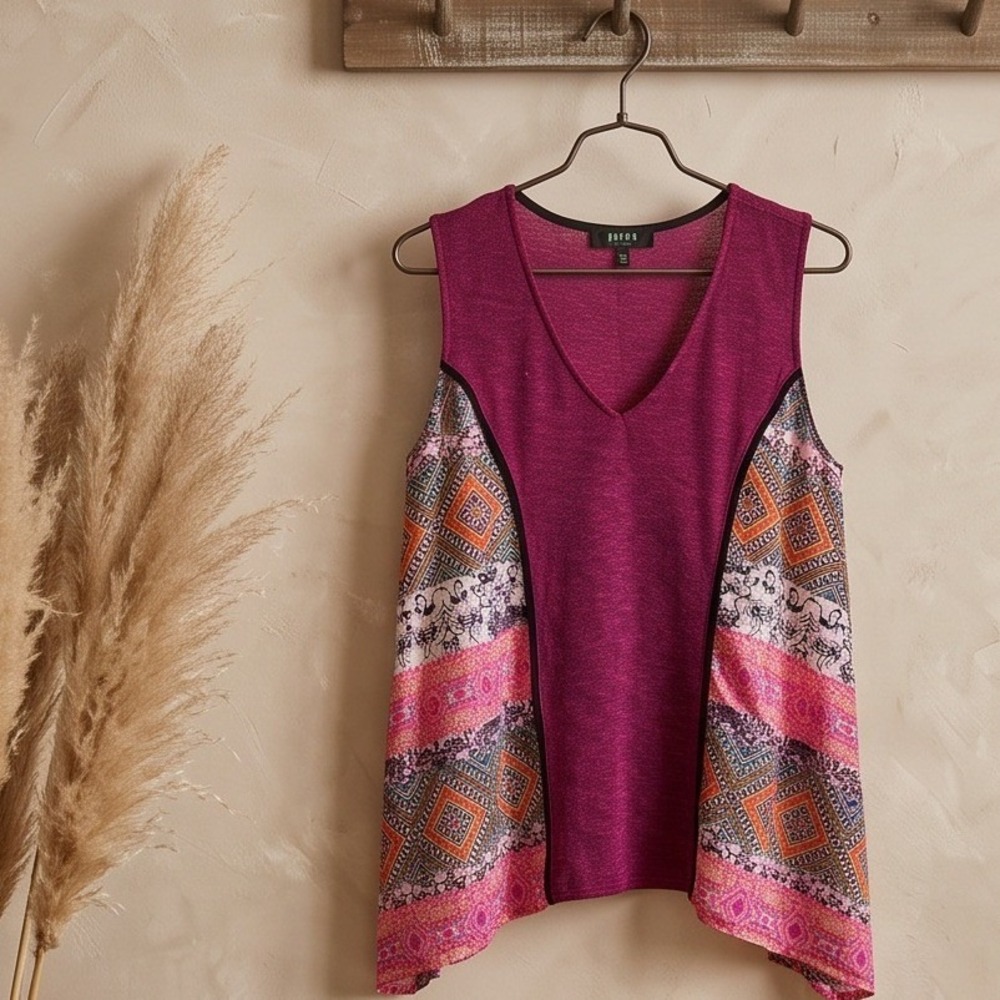 Poeme by Citron Vintage Merlot Mixed Print Sleeveless Angle Top XL USA Made